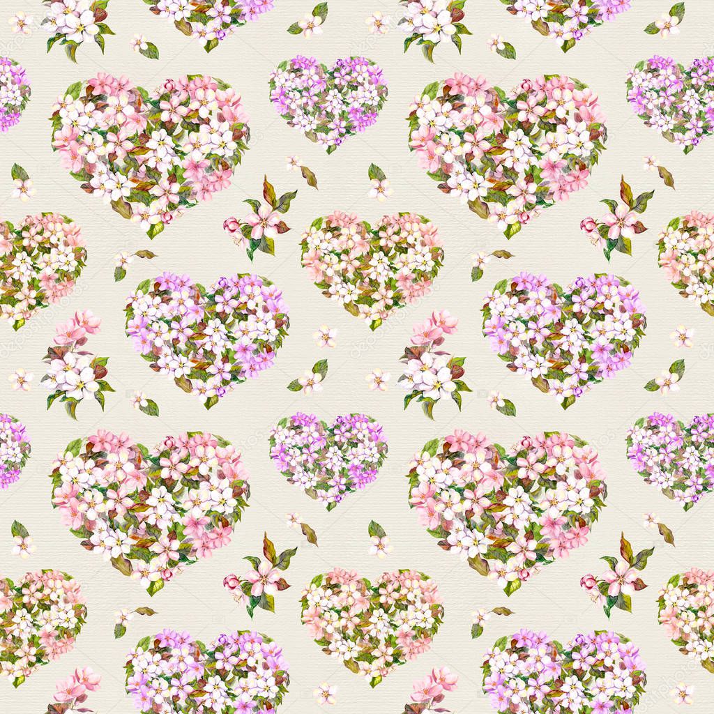 Seamless pattern for Valentine day - floral hearts with apple flowers, cherry blossom . Watercolor