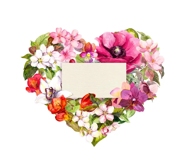 Blumenherz mit Blumen und leerem Raum für Ihren Text. Aquarell zum Valentinstag — Stockfoto