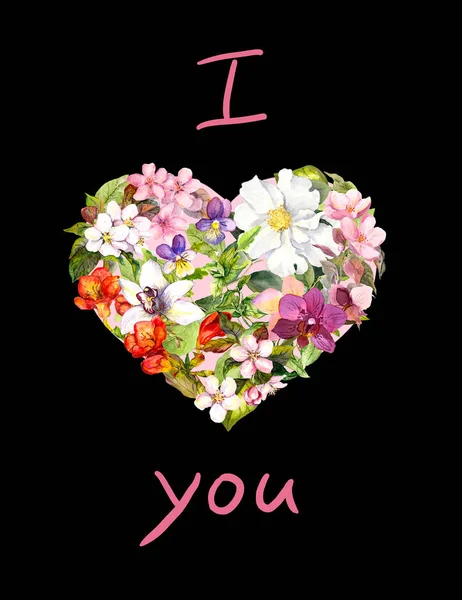 Herz mit Blumen, Gras, Blättern auf schwarz. Florales Aquarell valentine Postkarte — Stockfoto