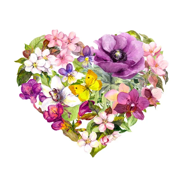 Vintage virágos szív virágokkal, vad fűvel, pillangókkal. Akvarell Valwntine nap — Stock Fotó