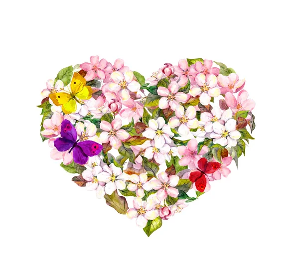 Καρδιά με ροζ λουλούδια ανοιξιάτικα άνθη κερασιάς, σακούρα και πεταλούδες. Νερόχρωμα λουλουδιού — Φωτογραφία Αρχείου