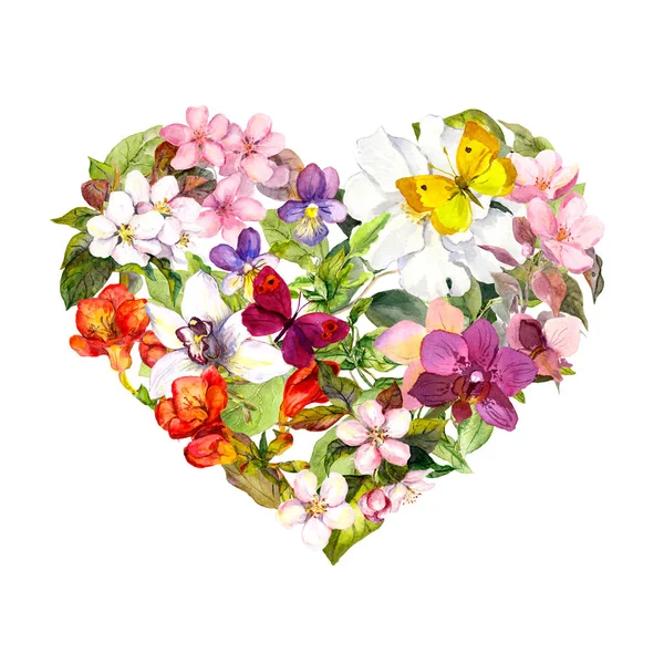Çiçekli çiçek kalbi, yaz kelebekleri ve yaprakları. Suluboya — Stok fotoğraf