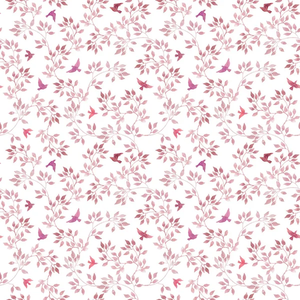 Seamless repeated pattern - hand painted pink leaves and birds. Watercolor girly or feminine design — Stock Photo, Image