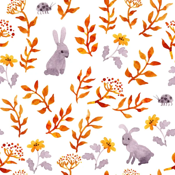 Rabbits, ladybugs, autumn leaves. Repeating cute ditsy pattern. Watercolor — Stock Photo, Image