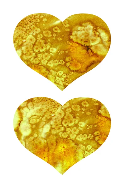 Золотые акварельные сердца с акварелью текстуры - брызги краски, капли, влажные пятна. — стоковое фото