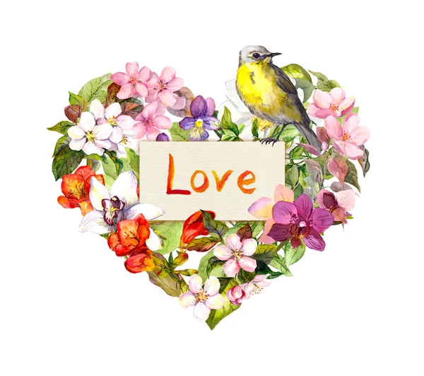 Floral καρδιά με λουλούδια, αγάπη κείμενο και πουλί. Υδατογραφία για το σχεδιασμό μόδας — Φωτογραφία Αρχείου