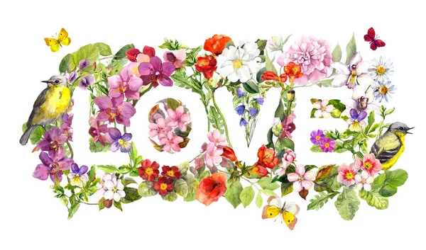 Florale Wortliebe mit Wiesenblumen, wildem Gras, ditsy Schmetterlingen und niedlichen Vögeln. Aquarelltext — Stockfoto