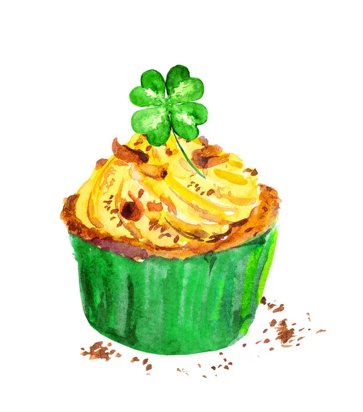 Cupcake with lucky clover leaf, trefoil with four leaves. Watercolor for Saint Patrick day — Stock Fotó