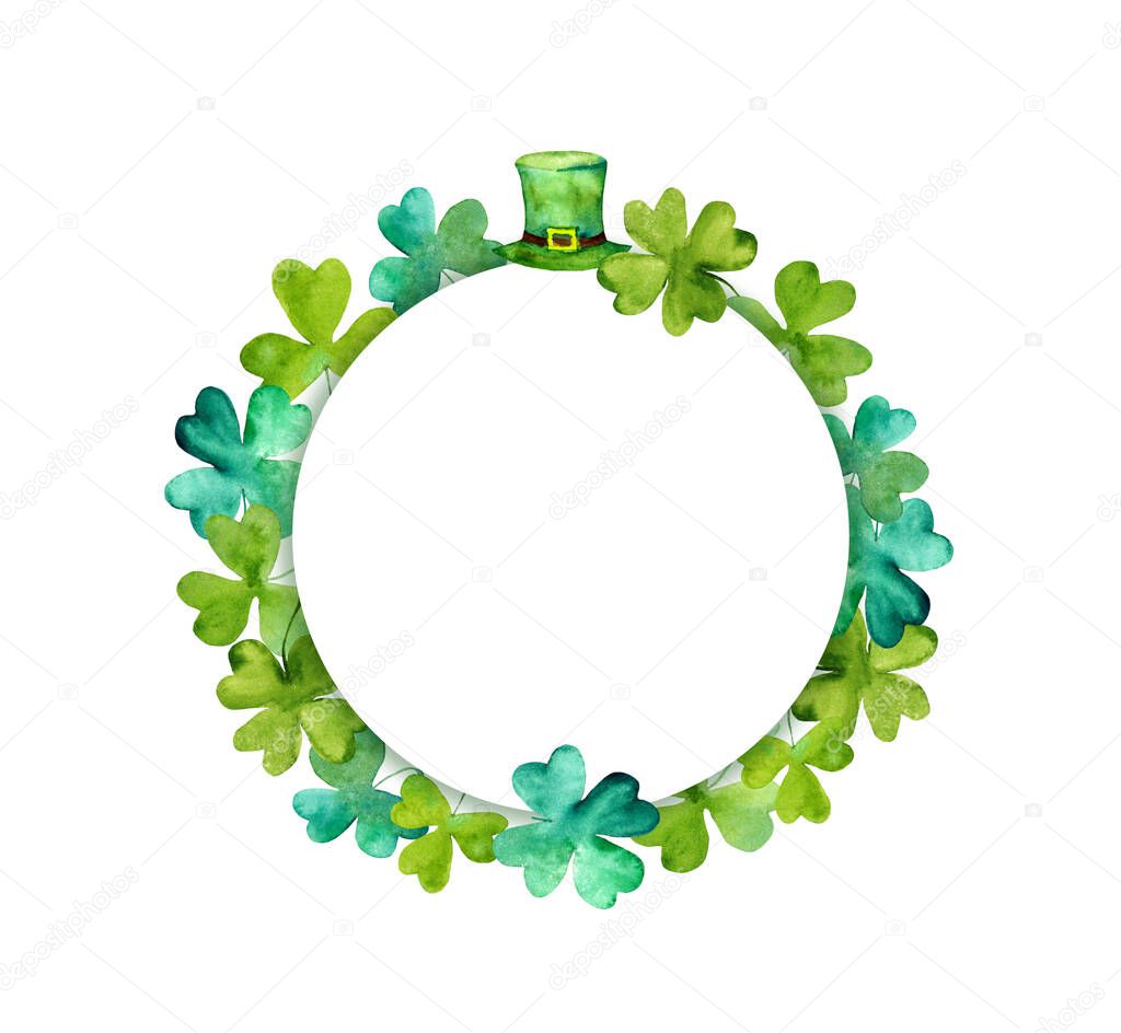 Saint Patrick wreath - trefoil leaves, green hat. Watercolor round frame