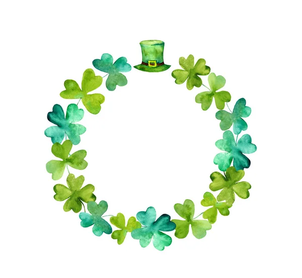 Saint Patrick wreath - trefoil leaves, green hat. Watercolor round frame — ストック写真