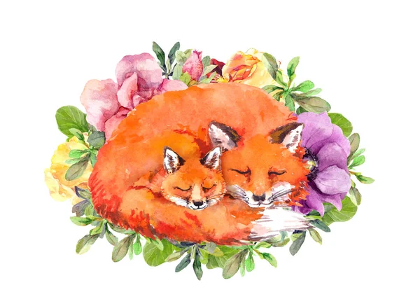 Cute sleeping foxes - mother and child. Happy mothers day greeting card card for mom with adorable animal in flowers. Watercolor — Stock Photo, Image