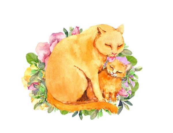 Мать-кошка облизывает своего котенка. Открытка на День матери для мамы с милыми животными вместе в цветах. Акварель — стоковое фото