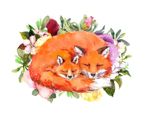 Happy mothers day card with sleeping foxes. Greeting card for mom with adorable animals. Baby and mother together in flowers. Watercolor