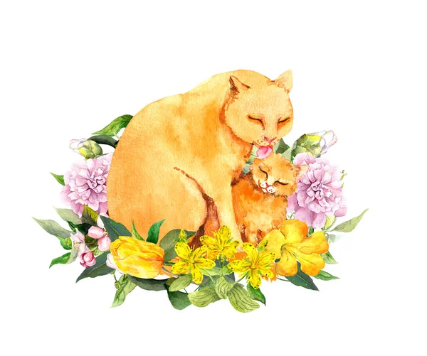 Anne kedi yavrusunu yalıyor. Anne için anneler günü kartı. Çiçeklerle birlikte sevimli hayvanlarla birlikte. Suluboya — Stok fotoğraf