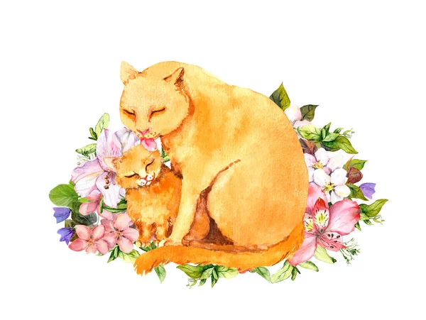 Yavru kediyle suluboya anne kedi. Anne için anneler günü kartı. Otların arasında güzel bir hayvan ve çiçekler var.. — Stok fotoğraf