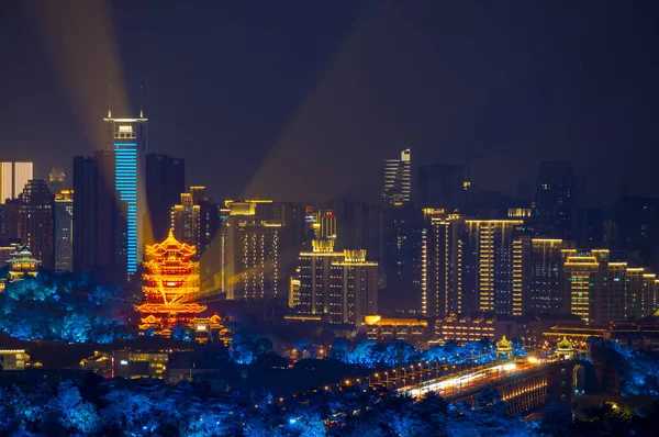 Wuhan Yellow Crane Tower Park Nuit Lumière Spectacle Décor — Photo