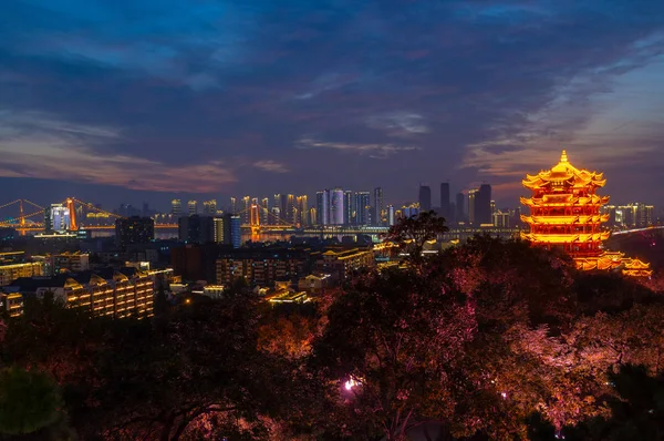 Wuhan Yellow Crane Tower Park Natt Och Ljusshow Landskap — Stockfoto