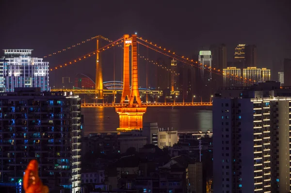 Wuhan Yingwuzhou Yangtze Folyó Hídja Naplemente Éjszakai Táj — Stock Fotó