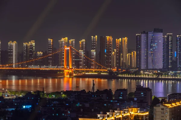 Wuhan Yingwuzhou Yangtze Folyó Hídja Naplemente Éjszakai Táj — Stock Fotó