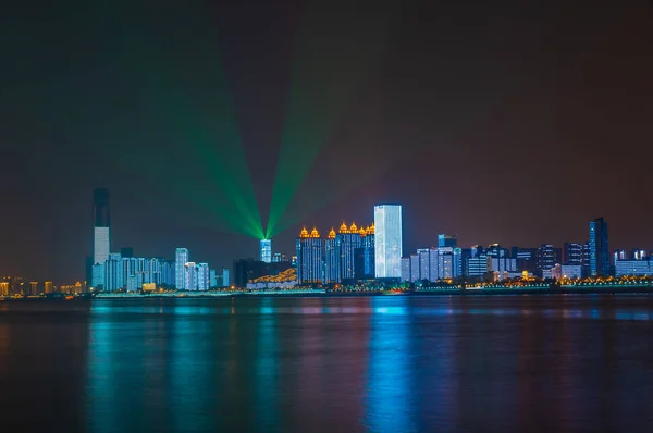 Wuhan Yangtze Rio Cidade Noite Luz Mostrar Paisagem — Fotografia de Stock