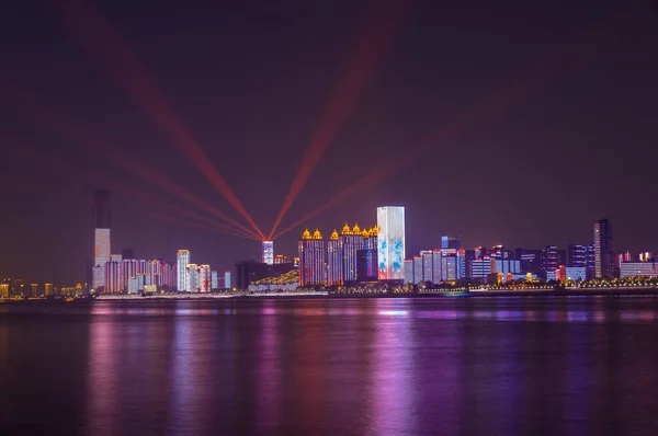 Ухан Янцзи Місто Вночі Світло Показують Пейзажі — стокове фото