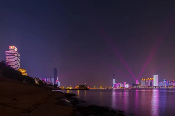 Wuhan Yangtze Rivier Stad Nacht Licht Show Landschap — Stockfoto