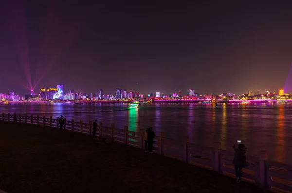 Wuhan Yangtze Río Ciudad Noche Espectáculo Luz Paisaje —  Fotos de Stock