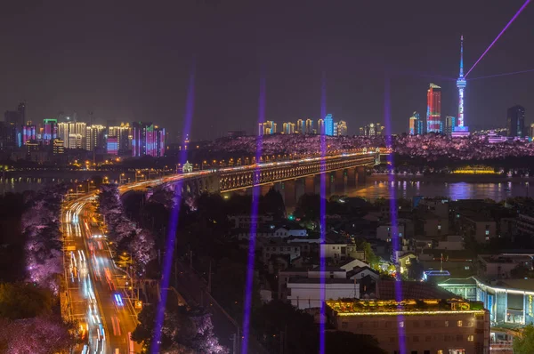 Wuhan Yangtze Fluss Und Stadt Nacht Und Licht Show Landschaft — Stockfoto