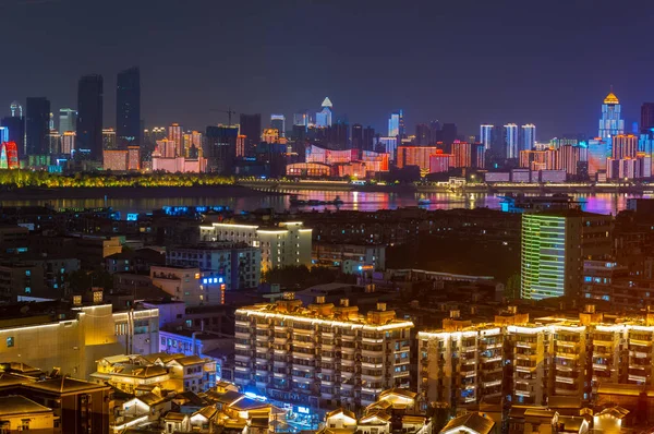 Wuhan Yangtze Rio Cidade Noite Luz Mostrar Paisagem — Fotografia de Stock