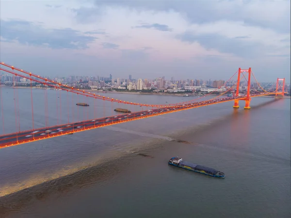 Wuhan city sunset and night aerial photography scenery in summer