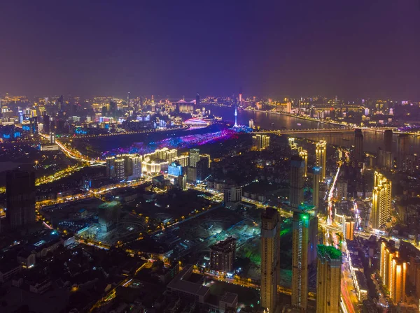 Puesta Sol Ciudad Wuhan Paisaje Fotografía Aérea Nocturna Verano —  Fotos de Stock