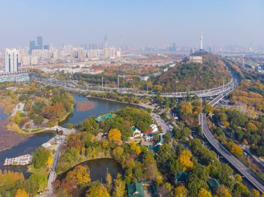Aerial photography scenery of Moon lake scenic spot, Wuhan, Hubei in late autumn clipart