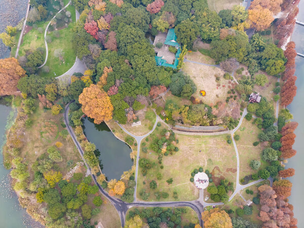 Aerial photography scenery of Moon lake scenic spot, Wuhan, Hubei in late autumn