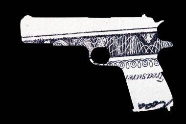 Silah ve para. Çekimleri Amerika'da temsil eden. Silah şeklin üzerine Amerika Birleşik Devletleri dolarlık banknot detay 