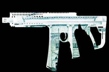 Silah ve para. Çekimleri Amerika'da temsil eden. Silah şeklin üzerine Amerika Birleşik Devletleri dolarlık banknot detay 