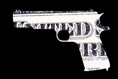 Silah ve para. Çekimleri Amerika'da temsil eden. Silah şeklin üzerine Amerika Birleşik Devletleri dolarlık banknot detay 