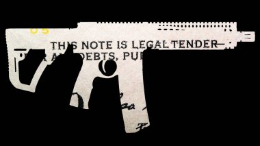 Silah ve para. Çekimleri Amerika'da temsil eden. Silah şeklin üzerine Amerika Birleşik Devletleri dolarlık banknot detay 