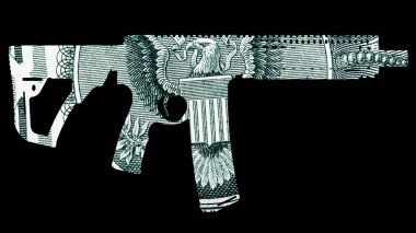 Silah ve para. Çekimleri Amerika'da temsil eden. Silah şeklin üzerine Amerika Birleşik Devletleri dolarlık banknot detay 