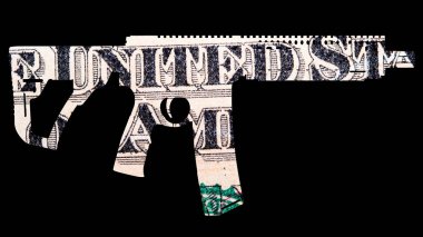 Silah ve para. Çekimleri Amerika'da temsil eden. Silah şeklin üzerine Amerika Birleşik Devletleri dolarlık banknot detay 