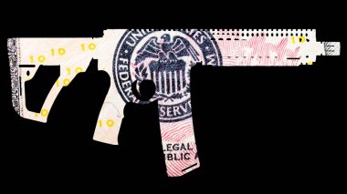 Silah ve para. Çekimleri Amerika'da temsil eden. Silah şeklin üzerine Amerika Birleşik Devletleri dolarlık banknot detay 