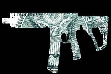 Silah ve para. Çekimleri Amerika'da temsil eden. Silah şeklin üzerine Amerika Birleşik Devletleri dolarlık banknot detay 