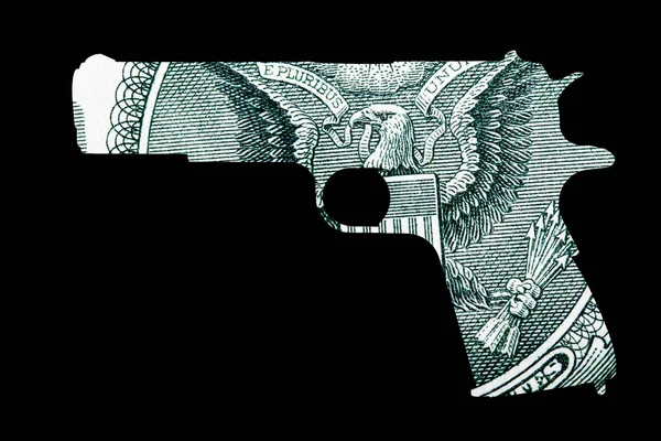 枪和钱 在美国代表枪击案枪的形状美国美元钞票详细 — 图库照片