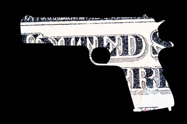 銃とお金 アメリカでの銃乱射事件を表します アメリカ合衆国ドル紙幣の詳細を銃の形 — ストック写真