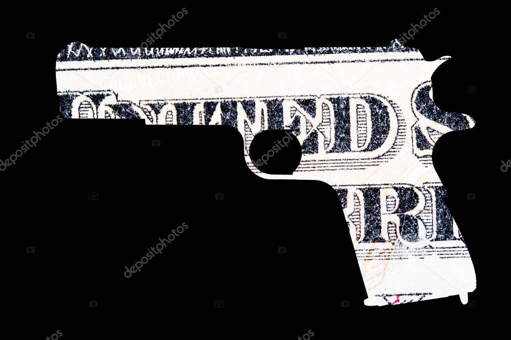 Guns and Money. Representing Shootings in America. Shape of Gun over detail of United States of America Dollar Bill 