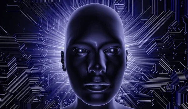 3d rendered human face, digital illustration, with dark blue colors. The concept of artificial intelligence.