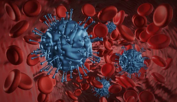 Virus in blood. Blue virus float between red blood cell. Digital illustration.