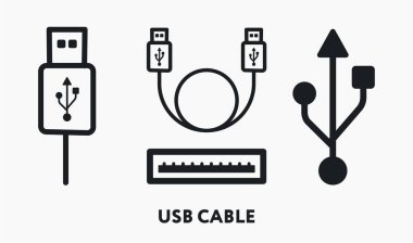 USB Kablo Bağlantısı Port Kablo Sembolü. Düz Vektör Satır Simgesi Ayarlandı.