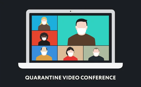 Coronavirus karantinası. Video konferans görüşmesi. Bir grup yüz maskeli bilgisayar dizüstü bilgisayar ekranı web kamerasında konuşuyor. Evde Kalın Karantina. 