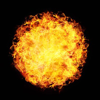 Ateş topu dairesi alev alev alev yanan cehennem sıcaklığı siyah üzerine izole edildi. Üstüste Ekran Efekti. 