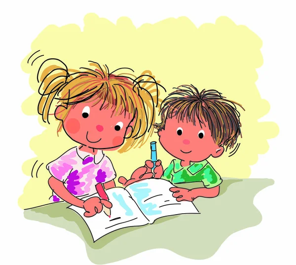 Boldog Gyermekek Írás Notebook Vektor Illusztráció — Stock Vector